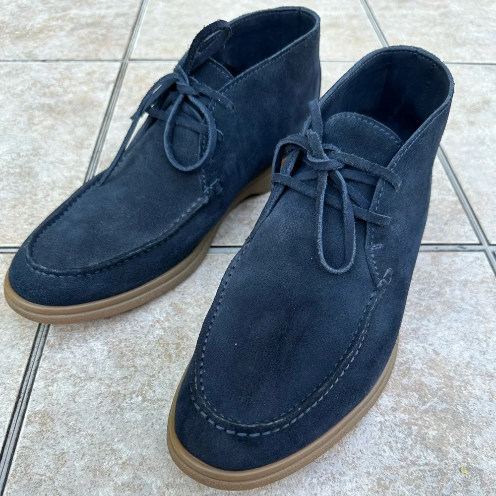 Brunello Cucinelli Navy Suede Chukka Boots with Tan Sole